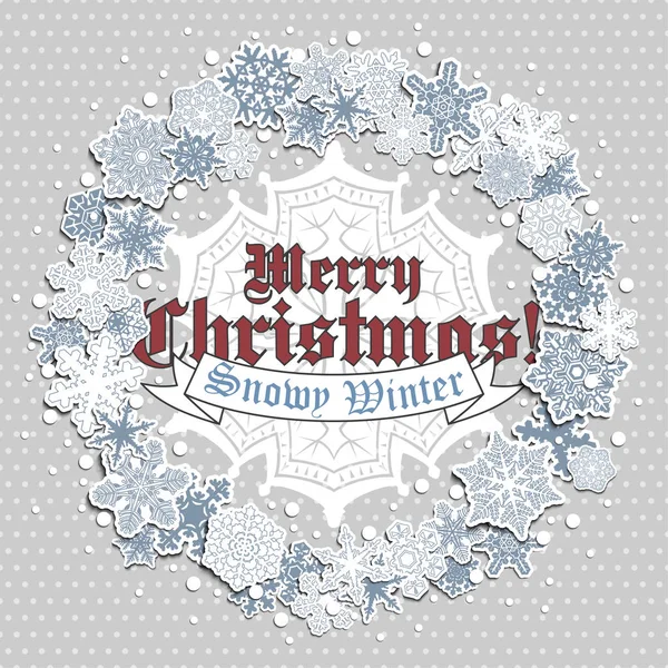 Ευχετήρια Χριστουγεννιάτικη Κάρτα Ένα Στεφάνι Από Σκαλιστό Νιφάδες Χιονιού Και — Διανυσματικό Αρχείο