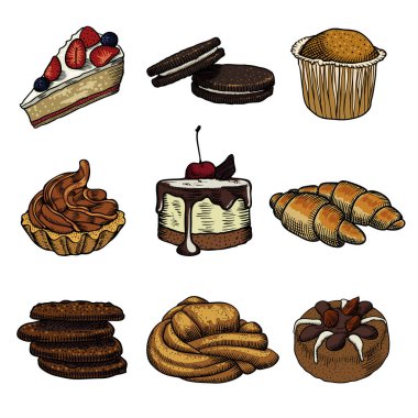 Dokuz hamur işleri ve beyaz zemin üzerine buns kümesi. Serbest el çiziminin.