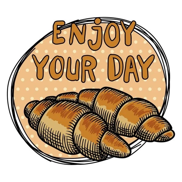 Placa Beige Con Dos Croissants Sobre Fondo Blanco Dibujo Mano — Vector de stock