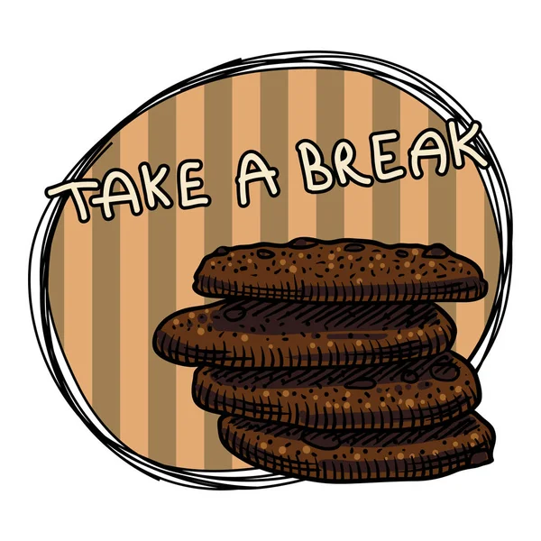 Béžový Pruhovaný Deska Cookies Nápis Pauzu Ruky Kreslené Obrázky — Stockový vektor