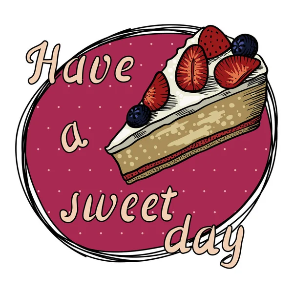 在粉红色的盘子里 一片奶油和浆果的蛋糕 有一个甜蜜的一天 — 图库矢量图片