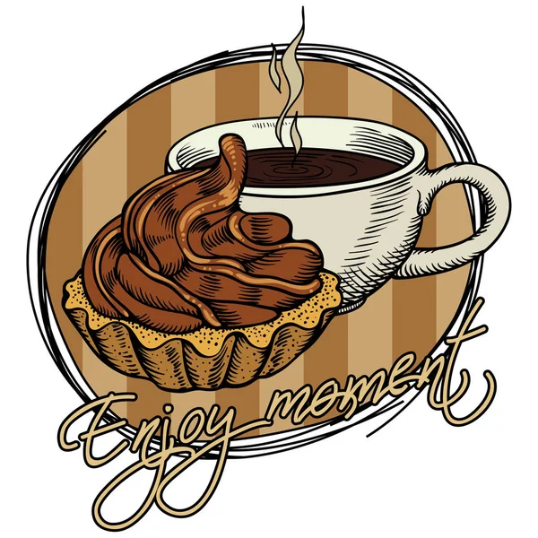 Beige Striped Plate Cup Coffee Cake Inscription Enjoy Moment Freehand — Wektor stockowy