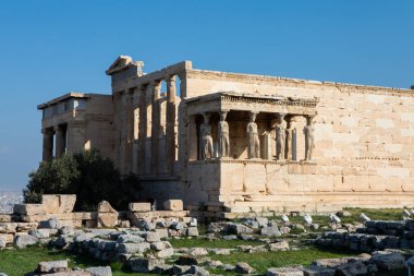 Erechtheion, antik bir Yunan tapınağı Akropol Atina Yunanistan Kuzey tarafındaki Caryatids sundurma