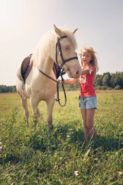 Bir genç kız ve beyaz midilli at kırsalında, Litvanya