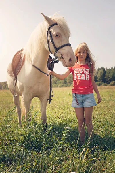 Young Girl White Pony Horse Countryside Lithuania — Stock Photo, Image