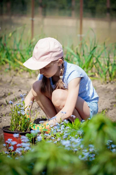 Young Girl Plants Seedling Flower Spring Garden — Stock Photo, Image