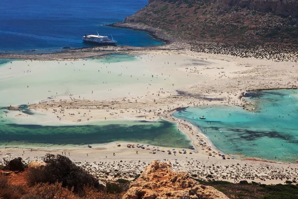 Balos Lagoon Crete Island Greece Tourists Relax Bath Crystal Clear — Stock Photo, Image