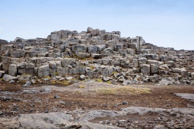 Dettifoss - Avrupa'nın en güçlü şelale yanında tipik kayalık manzara. Jokulsargljufur Milli Parkı, İzlanda.