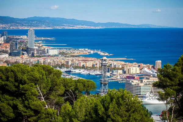 Panoramiczny Pejzaż Miasta Barcelona Hiszpania Portu Góry Montjuic Słoneczny Dzień — Zdjęcie stockowe