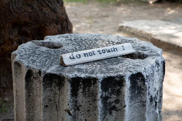 Warning Label Ancient Greek Marble Column Touch Athens Greece — Stock Photo, Image