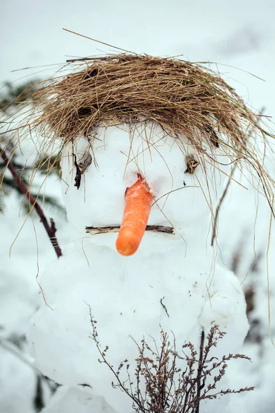 Sad and ugly snowman portrait in winter