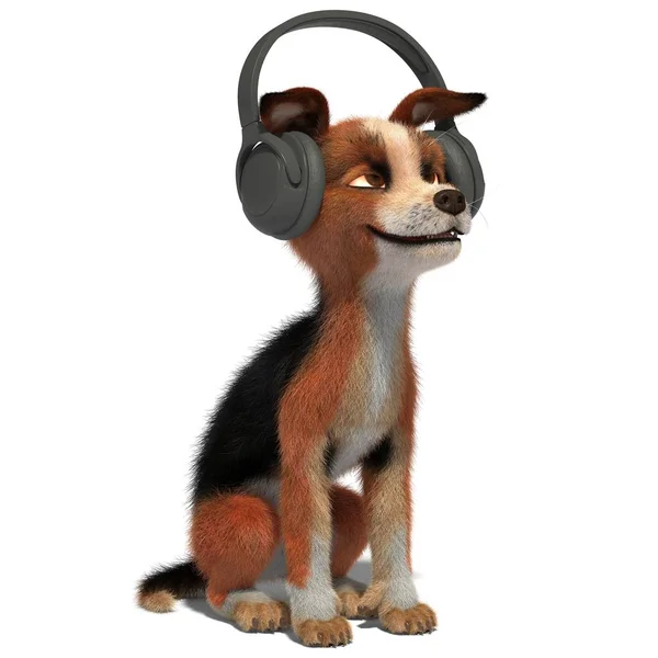 Cão ouvindo música em fones de ouvido — Fotografia de Stock