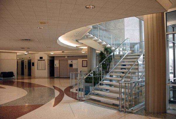 Modern (1970's) style institutional interior, atrium and stairs