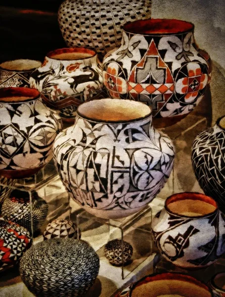 Poterie Amérindienne Motifs Traditionnels Illustration Style Antique Pots Exposés Comme — Photo