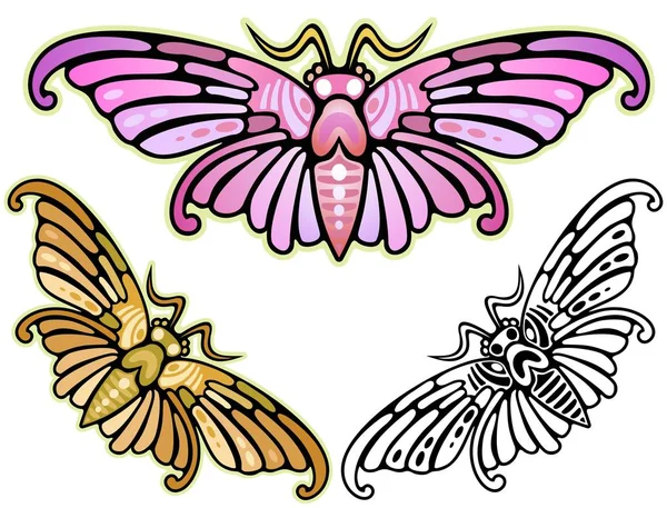艺术装饰的飞蛾的描绘 灵感来自亚洲的图案 与奖金的变化 — 图库矢量图片