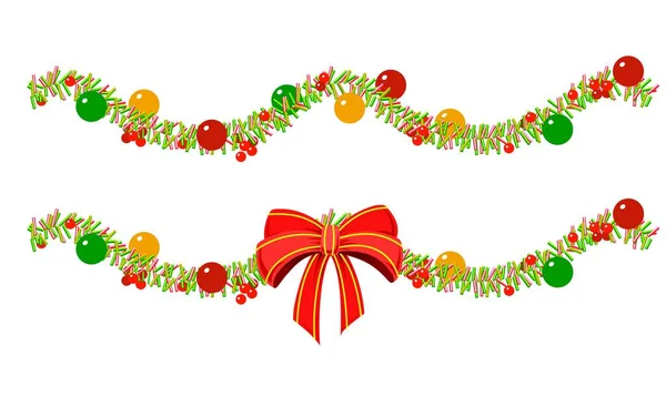 Holiday Garland Glass Ornaments Big Red Bow — Stock Vector