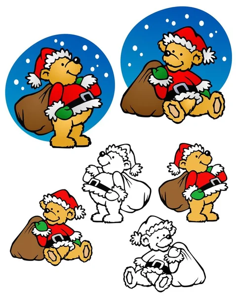 Miś Stroju Świętego Mikołaja Santa Niedźwiedzia Toybag Pochodzi Dwóch Pozach — Wektor stockowy