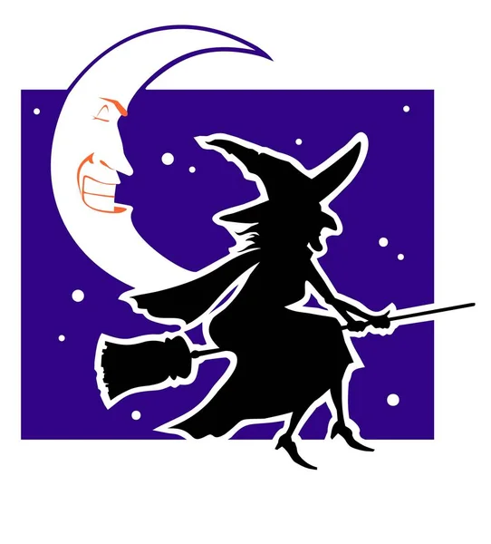 Halloween Witch Broom Smirking Crescent Moon — Stock Vector