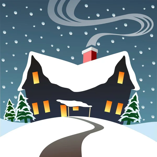 Winterhütte Verschneiter Abend Warm Inneren Weihnachtsszene — Stockvektor