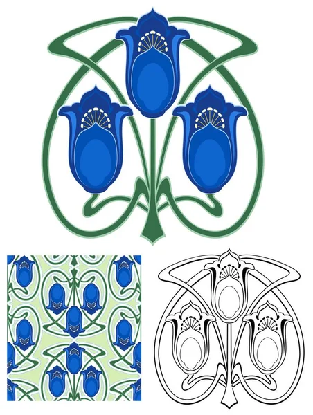 Art Nouveau Blommig Emblem Levereras Med Bonus Sömlös Swatch Och — Stock vektor