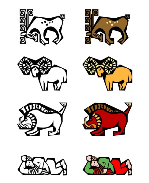 Animales Arte Popular Set Dos Con Bonus Negro Contorno Versiones — Vector de stock