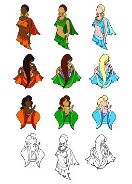 Şık kadınlar, çeşitli stilleri ve renkleri, siyah anahat bonus ile