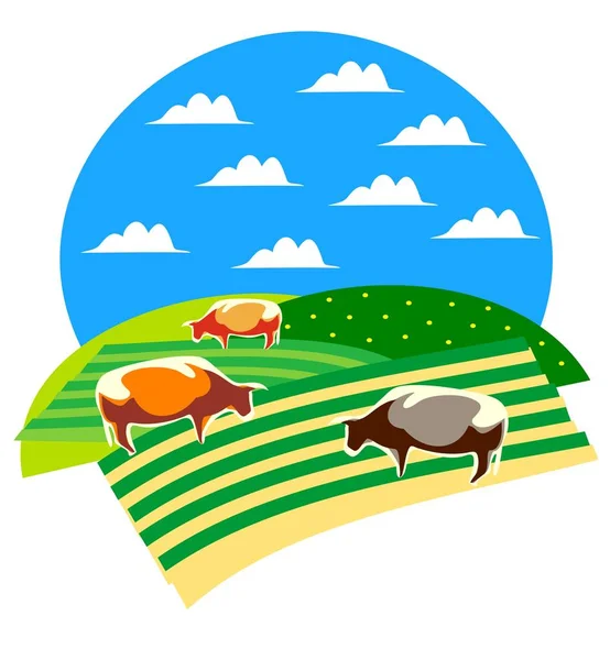 Abstrakte Stilisierte Landschaft Von Kühen Auf Einem Feld Mit Flauschigen — Stockvektor