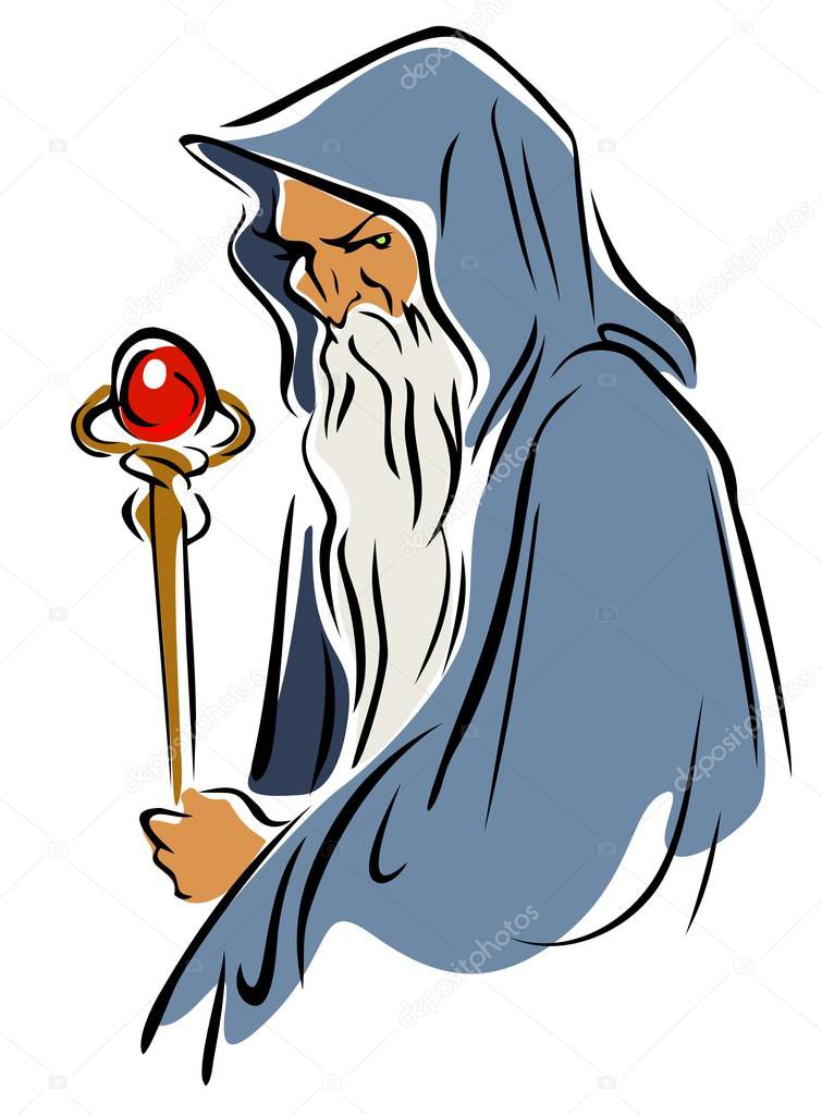 Grumpy wizard in a grey robe, with a staff