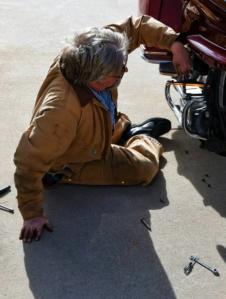 Middle Aged Man Laying His Driveway Repair His Motorcycle — Stock Photo, Image
