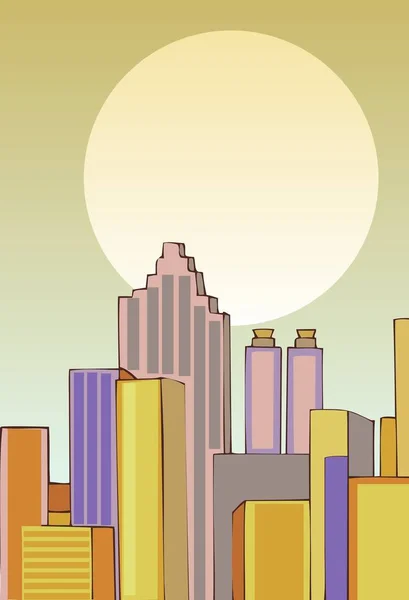 Escena Ciudad Con Sol Oscurecido Por Neblina Edificios Altos — Vector de stock