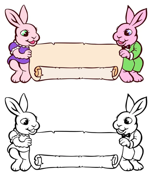 Cute Easter Banner Pink Bunnies Comes Bonus Black Outline Version — Stock Vector