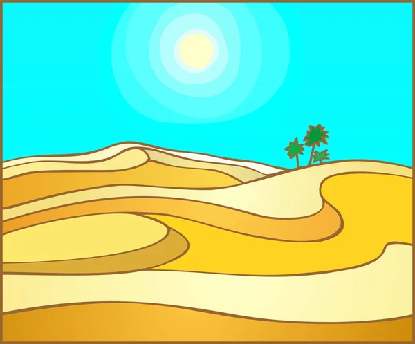 砂漠の景色 たくさんの砂 ヤシの木が鮮やかな太陽 — ストックベクタ