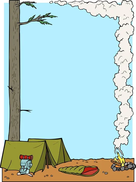 Camping Het Bos Met Pup Tenten Kampvuur Bosachtige Boordmotief — Stockvector