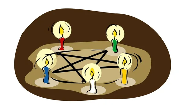 Pentagramm Und Kerzen Entzündet Für Eine Beschwörung Oder Einen Zauber — Stockvektor