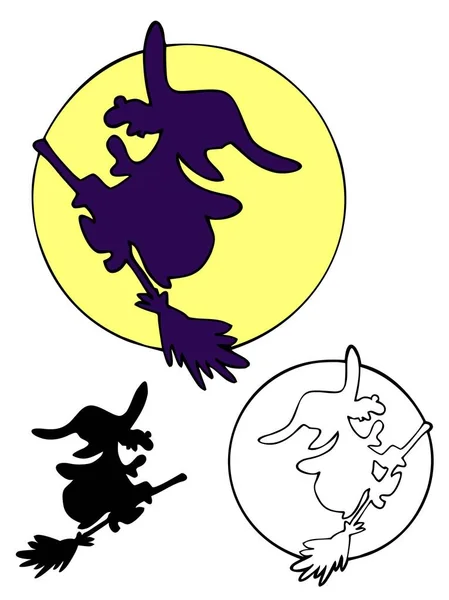 Silhouette Cackling Witch Flying Her Broom — Stock Vector