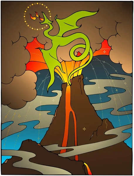 噴火した火山から上がる火の呼吸竜 — ストックベクタ