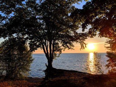 Northwoods Michigan yoğun orman kapak tarafından çerçeveli güzel göl üstün günbatımı.