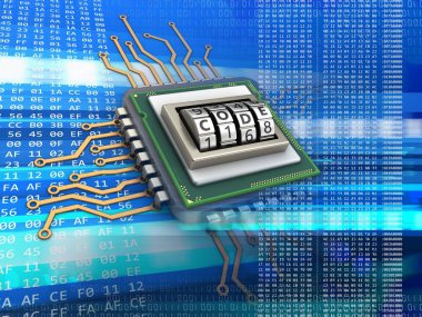 kod kullanım ile elektronik mikroişlemci 3D çizimi arama kodu arka plan üzerinde 