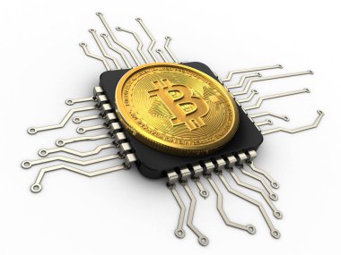 bitcoin beyaz zemin üzerine izole cpu ile 3D çizimi yakın çekim 
