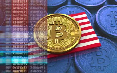bitcoin ABD bayrağı ile mavi paralar arka plan üzerinde 3D çizimi