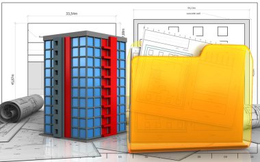 bina ve klasör blueprint arka plan üzerinde 3D çizimi