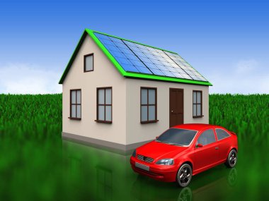 güneş paneli ve çayır arka plan üzerinde araba ile ev 3D çizim