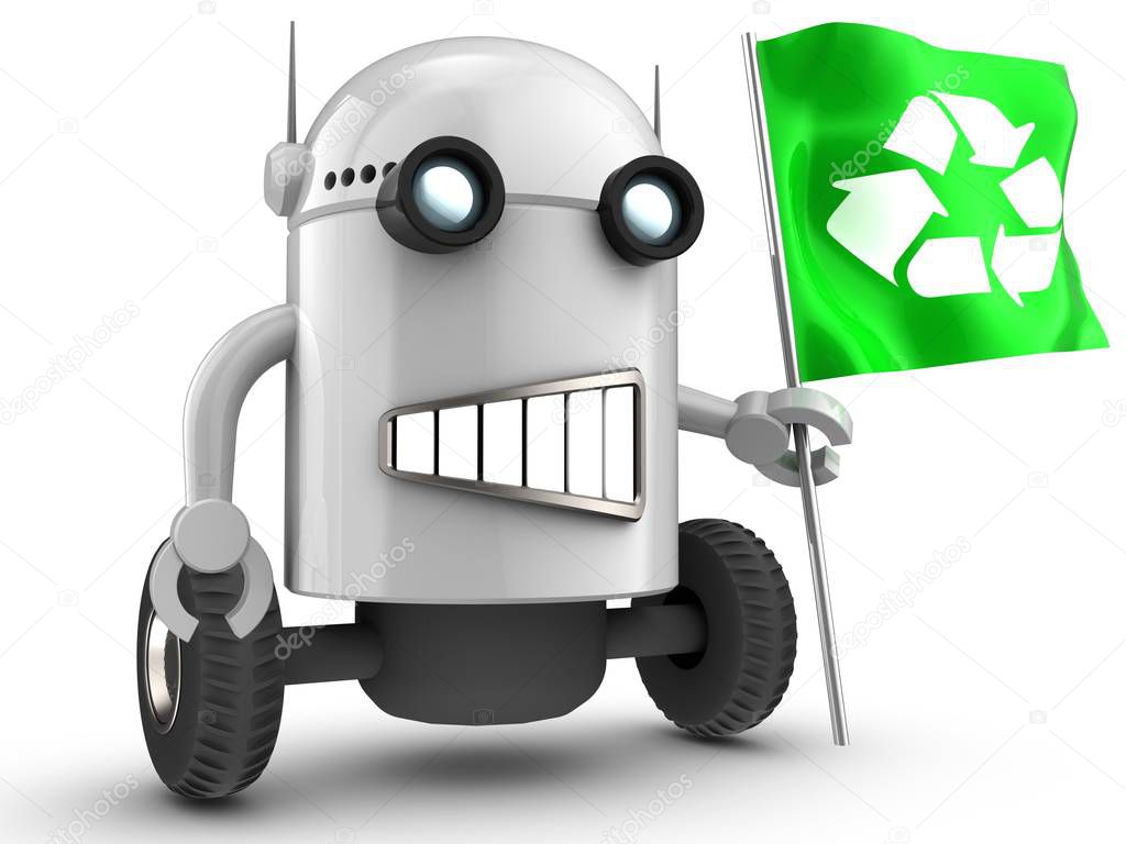 3d illustration of robot with recycled flag over white background