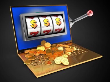 3D altın bilgisayar ile bulutlar perde ve slot makinesi siyah arka plan üzerinde gösterimi 