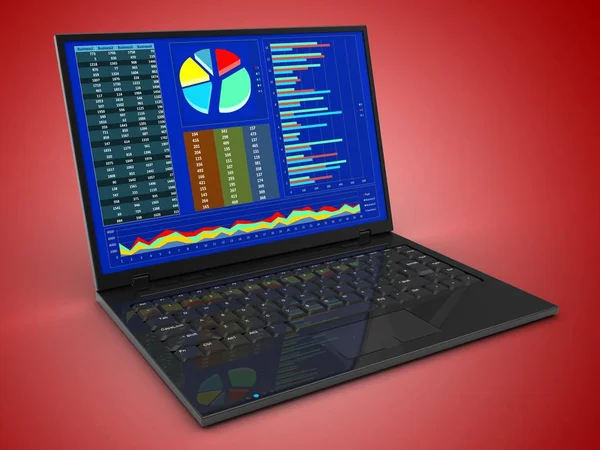 Ilustração Computador Portátil Com Diagramas Tela Sobre Fundo Vermelho — Fotografia de Stock