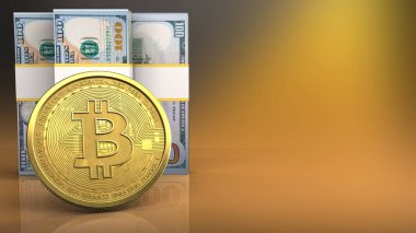 Doları banknot bitcoin sarı arka plan üzerinde ile 3D çizimi 