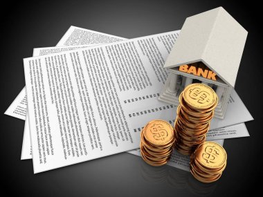 kağıtları ve banka model siyah arka plan üzerinde paralar ile 3D çizimi