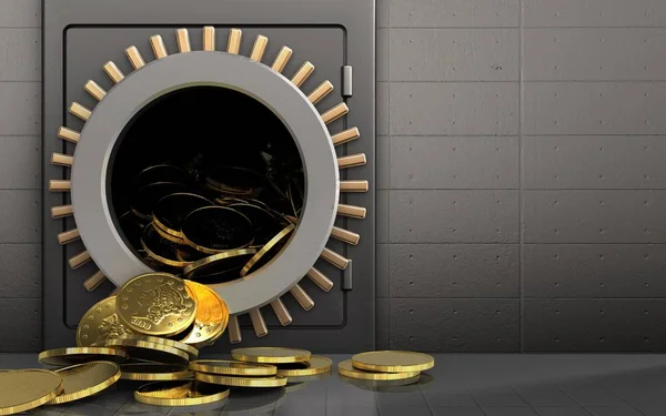 3D resimde metal demir duvar arka plan üzerinde paralar ile güvenli