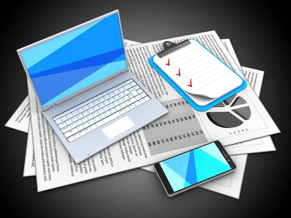 Illustrazione Documenti Laptop Bianco Con Appunti Sfondo Nero — Foto Stock