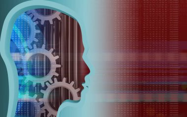 kırmızı bir arka plan üzerinde vites ile baş profil 3D çizimi 